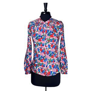 Boden Women’s Shirt 0 Floral Cotton Stretch Smocked Ruffle Puff Long Sleeve Top
